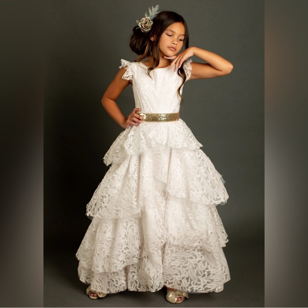 Joyfolie Azalea Lace Tiered Full Length Dress in Cream NWT - Picture 3 of 16